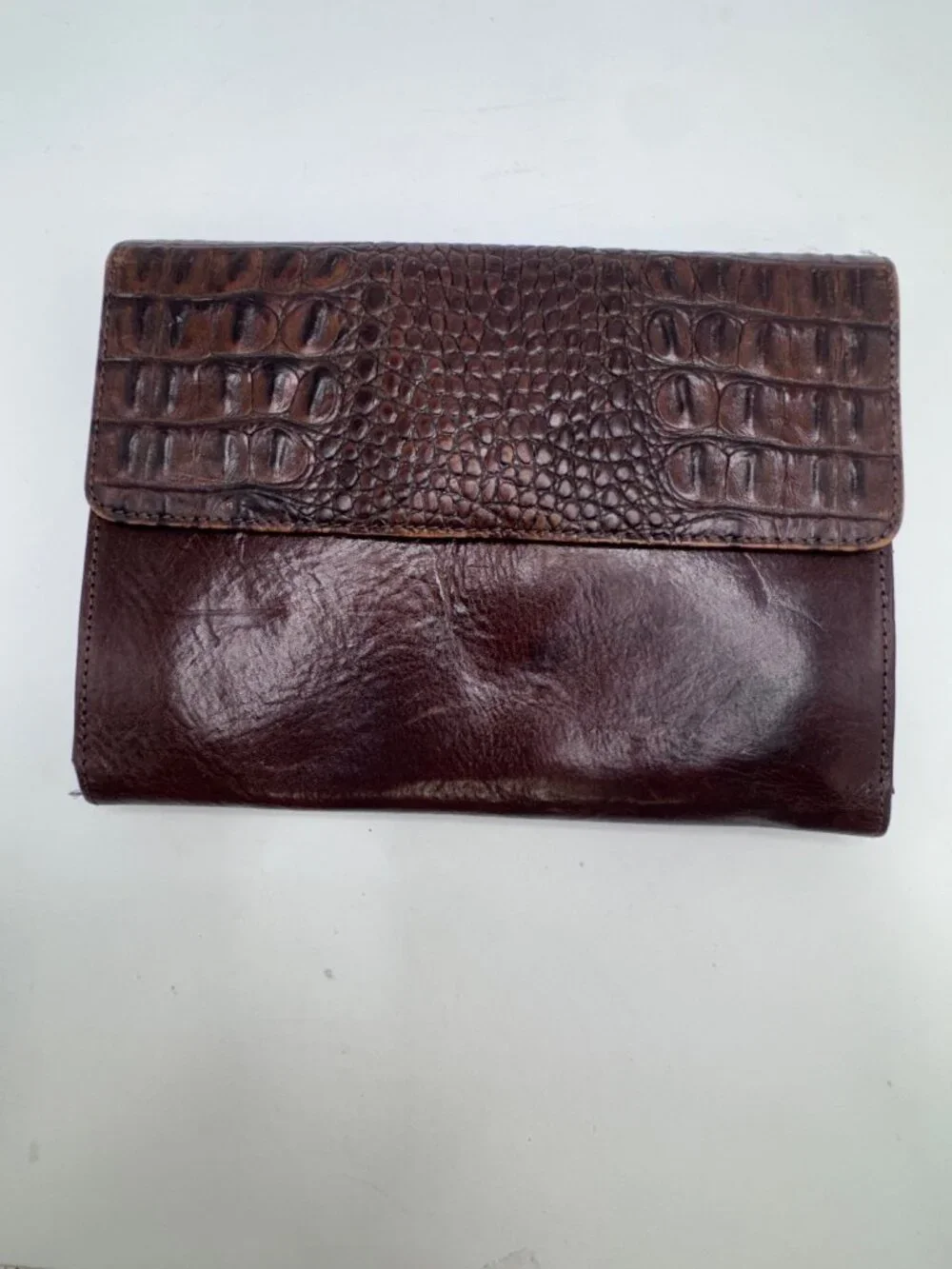 Vintage Brighton Brown Leather Crocodile Embossed Clutch Purse Wallet Silver Ton